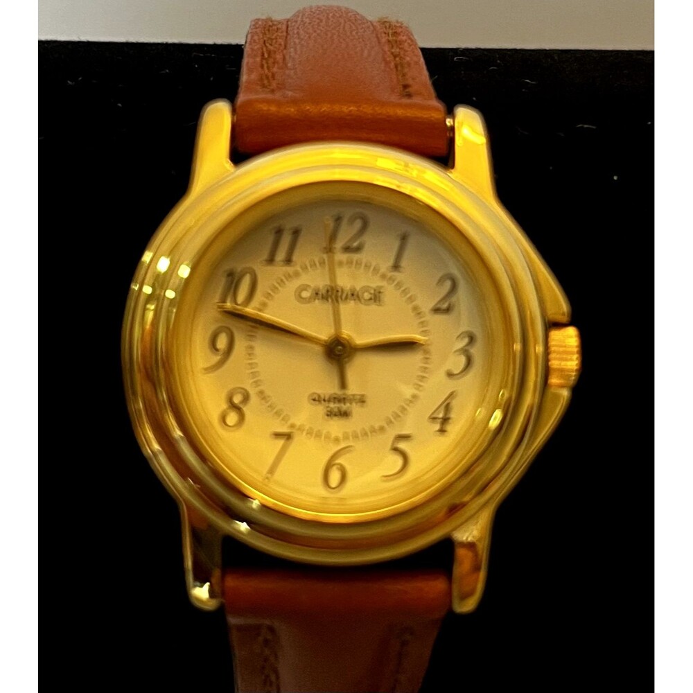 Carriage Indiglo Womans White Dial Gold Tone Case Brown Leather Band Watch 7.5in
